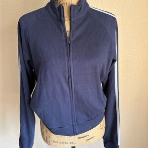 NWOT HALARA Navy Zip-Up Varsity Jacket with White Shoulder Stripes